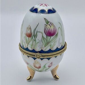 Vintage, China, Footed, Hinged, Egg Trinket Box with Tulips and Gold Accents